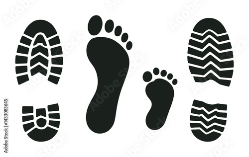 Footprint measuring icons set - solid style tracks, human footprint, and shoeprint symbols for environmental impact: walking, running, hiking, exploration, nature