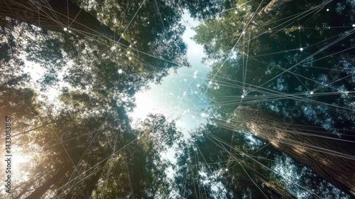 Tree canopy integrates digital network showing interconnectivity within ecosystem, technology merging nature's growth.