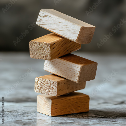 Wooden Blocks Tower: A carefully balanced tower of wooden blocks stands tall, showcasing the strength and simplicity of construction. The natural tones of the wood evoke a sense of calm.
