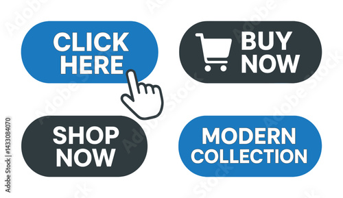 E-commerce button icons set in flat style - online shopping, digital marketing, and call-to-action symbols: click here, buy now, shop now, modern collection