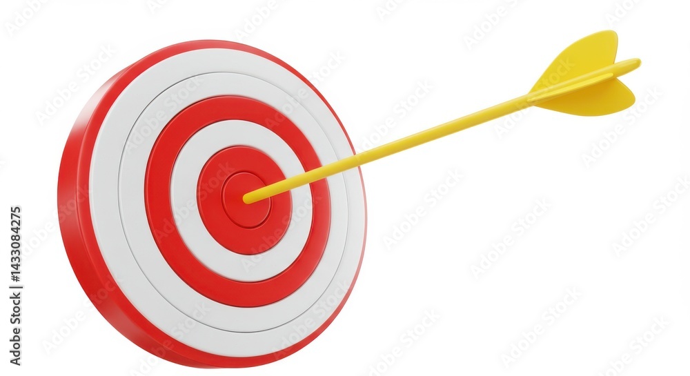 A red and white target with a yellow arrow in the center on a white background in a close up view A red and white target with a yellow arrow in the center on a white background in a close up view