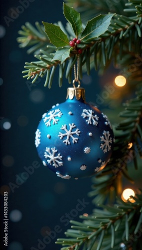 Hanging blue ornament with festive holly elements and snowflakes on Christmas tree, decoration, hanging, festive