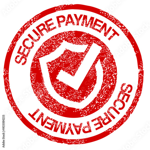Dirty red stamp mark "SECURE PAYMENT" surrounded by a circle and with the validated shield symbol (cut out)