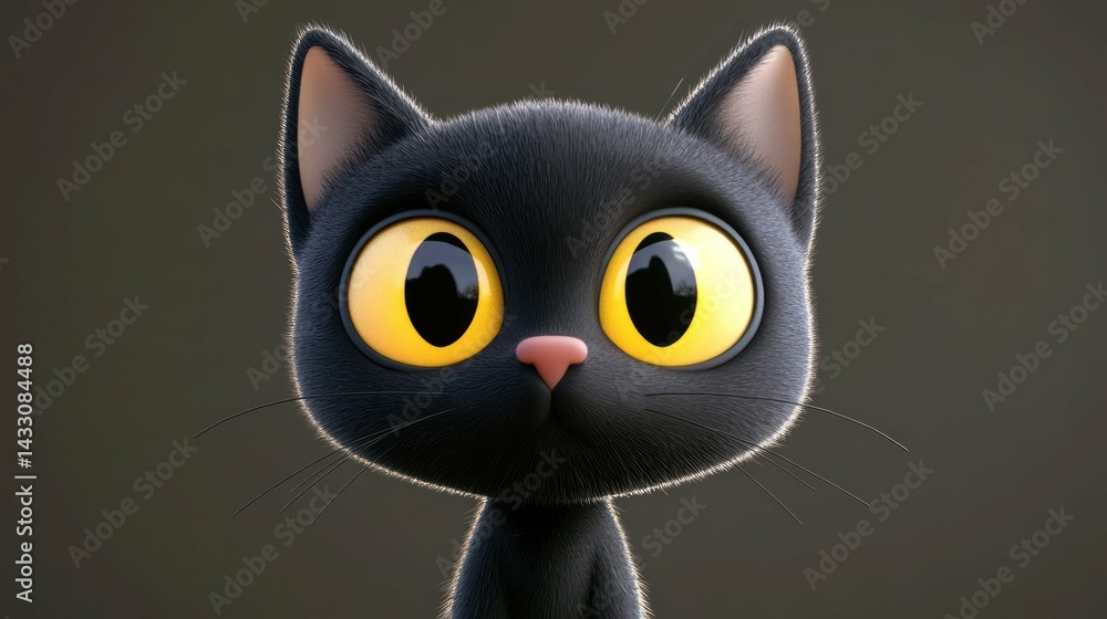 Fototapeta premium Cartoonish black cat stares intensely, big yellow eyes wide, exuding cuteness, playfulness, innocence.