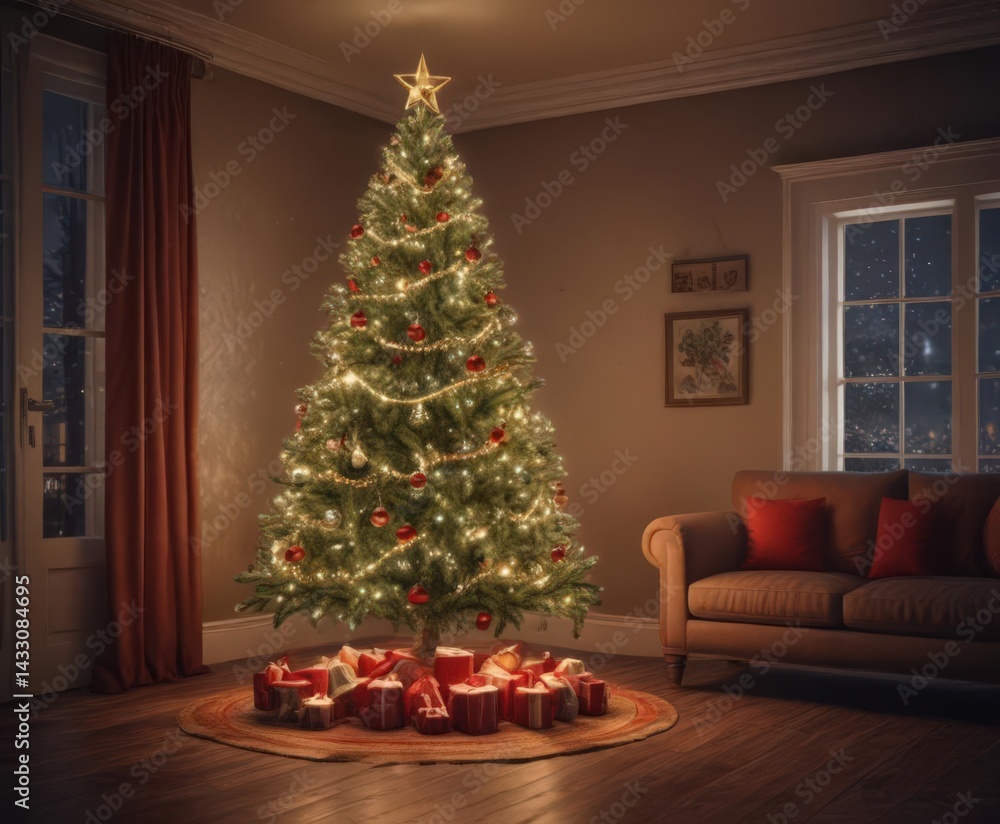 Ornate Christmas tree, glowing lights, cozy room, cozy, winter wonderland, glowing Ornate Christmas tree, glowing lights, cozy room, cozy, winter wonderland, glowing