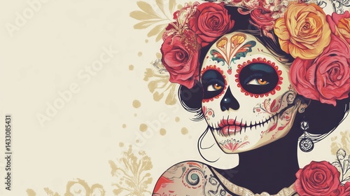 La Catrina showcases elaborate face paint, flowers, festive attire, celebrating Day of the Dead tradition.
