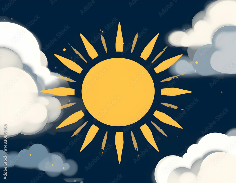 Yellow Sun Shining in Night Sky with Clouds Illustration Yellow Sun Shining in Night Sky with Clouds Illustration