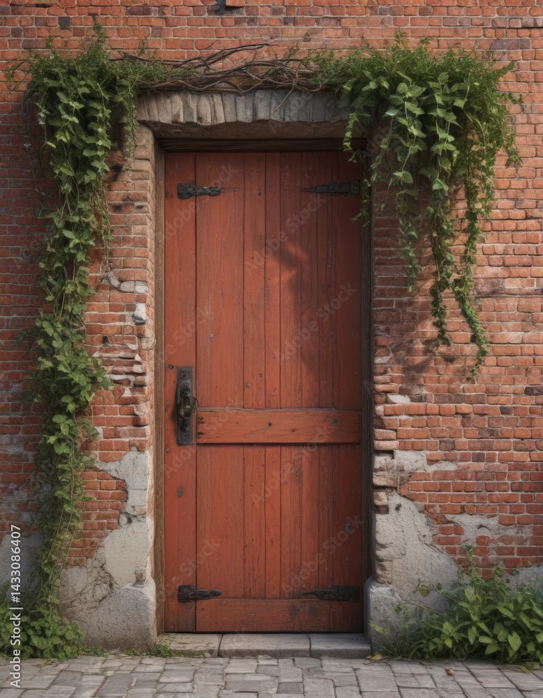 Fototapeta premium Red brick wall, weathered wood door, climbing vines , countryside, material