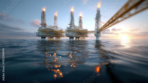 Offshore natural gas platform with flare stacks at sunset, reflecting on calm ocean water