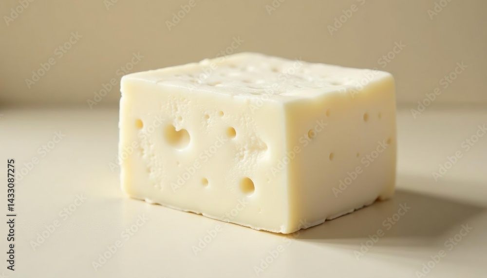 Textured block of white cheese against clean backdrop, cooking, culinary, surface Textured block of white cheese against clean backdrop, cooking, culinary, surface
