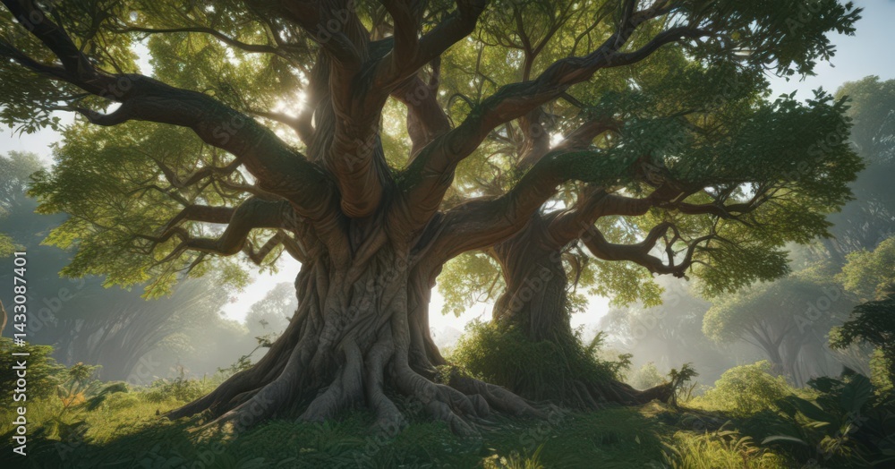 Fototapeta premium Ancient tree engulfed by lush exotic vines and leaves , ancient, texture, untamed