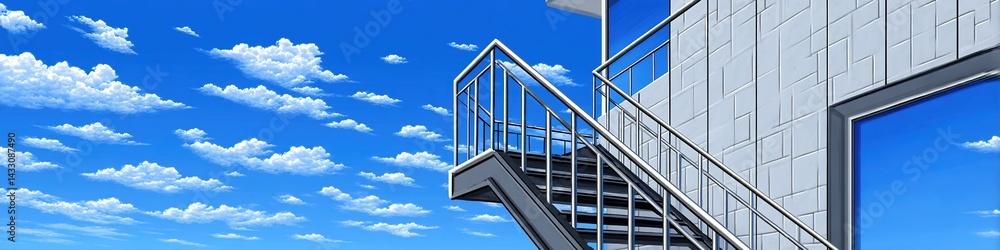 Urban Architectural Silhouette with Backlit Staircase Against Blue Sky: Abstract Commercial Background for Creative Designs. Minimalist City Corner with Open Space, Perfect for Posters, Banners, and W Urban Architectural Silhouette with Backlit Staircase Against Blue Sky: Abstract Commercial Background for Creative Designs. Minimalist City Corner with Open Space, Perfect for Posters, Banners, and W