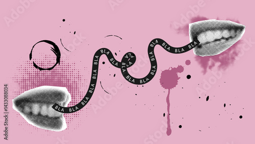Halftone collage mouth talking bla on ribbon,ink splash,grunge banner,conversation concept