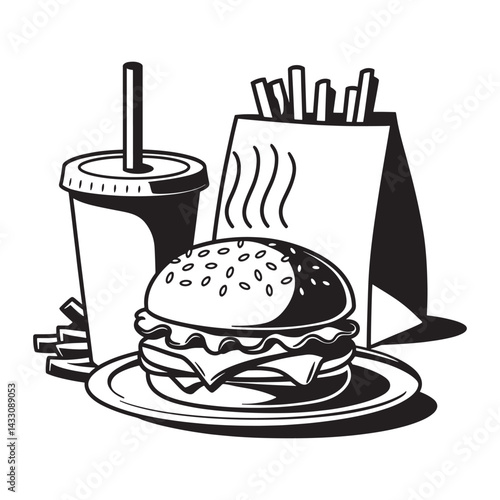 Classic Burger and Soda Combo, Classic fast food combo with burger and soft drink in silhouette style.
