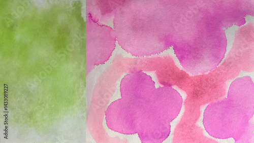ピンクと緑色の水彩で描いた背景イラスト、水彩で描いた花の絵、