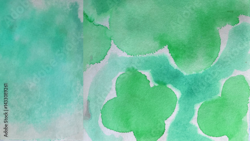 緑色の水彩で描いた背景イラスト、ペパーミントカラーの水彩で描いた花の絵、アクアグリーンの背景絵画