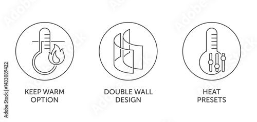 Electric kettle icons set - Double wall design, Heat presets, Keep warm option