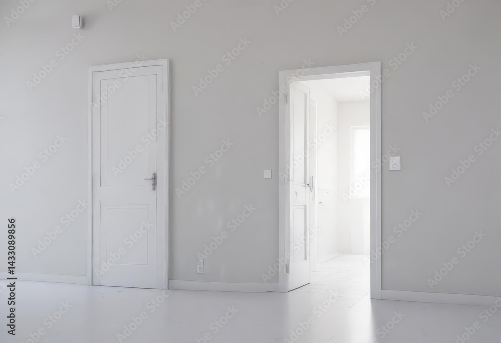 Fototapeta premium Clean white doors, open & closed, minimalist setting , house, frame
