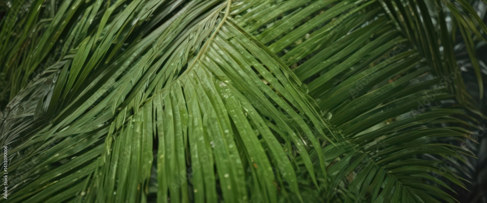 Obraz premium Close-up of a lush, green palm leaf showcasing its texture , organic pattern, summer, leaf veins