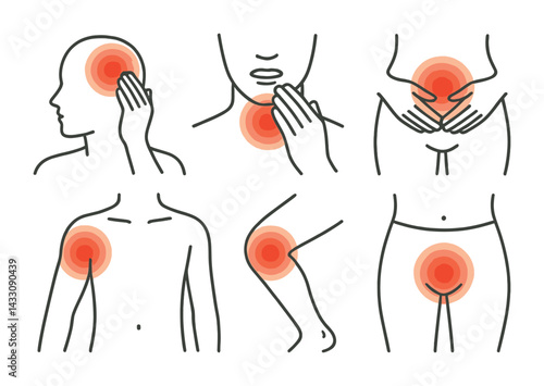 Human pain points outline icons set – linear style health, body ache, and physical therapy symbols: head, neck, hand, knee, shoulder, lower abdomen
