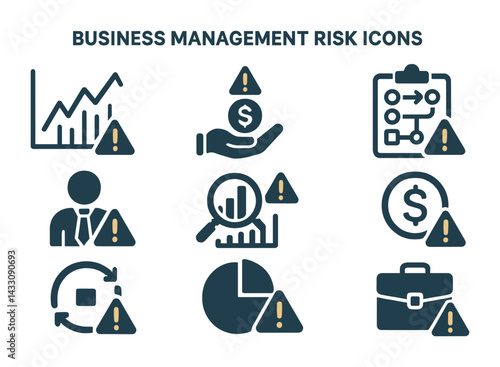 Business risk management outline icons set – linear style for corporate analysis, decision making, strategy visuals: growth chart, financial alert, workflow, analysis, budget, cycle, portfolio.