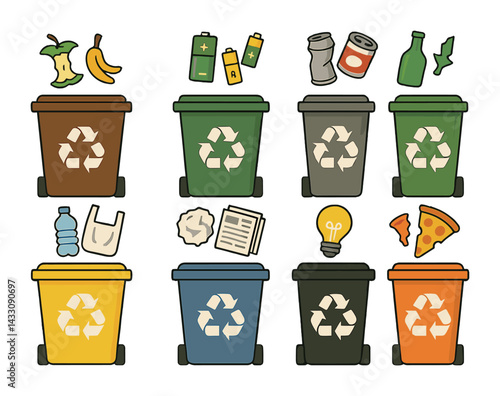 Recycling and waste management icons set – flat style eco-friendly, environmental sustainability symbols: recycling bin, battery, can, bottle, paper, light bulb, compost