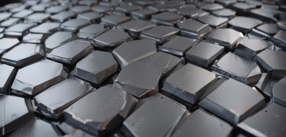 Naklejka premium Smooth, metallic surface with overlapping geometric shapes; cool, industrial aesthetic , abstract, reflective, seamless