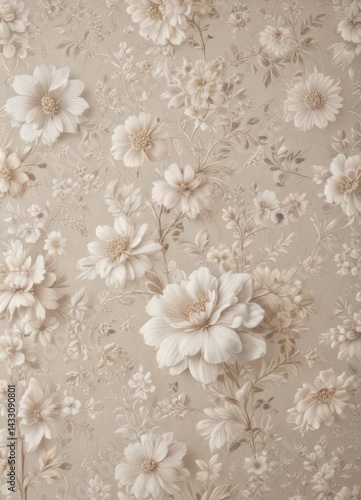 Soft neutral floral wallpaper, intricate vintage pattern ideal for weddings  , botanical, home decor, floral