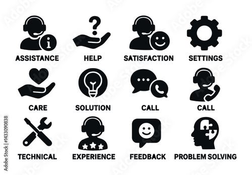 Customer support and service icons set – solid style assistance, communication, and problem solving symbols: headset, question mark, settings, solution, feedback, smile