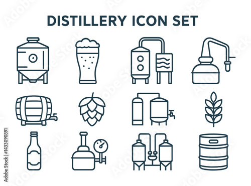 Distillery icon set – outline style for craft brewing, liquor production, and beverage industry: still, beer glass, fermentation tank, barrel, hops, bottle, keg, distillation column.