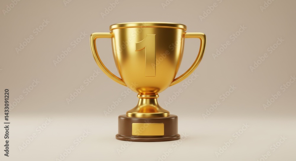 A gleaming golden trophy with the number one displayed prominently on a neutral background surface A gleaming golden trophy with the number one displayed prominently on a neutral background surface