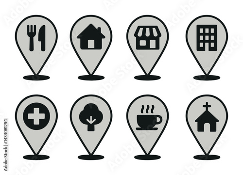 Free Download Location and map pin solid icon set – silhouette style gps, navigation, and places symbols: restaurant, home, shop, hospital, tree, hotel, café, church. - GFXLoad