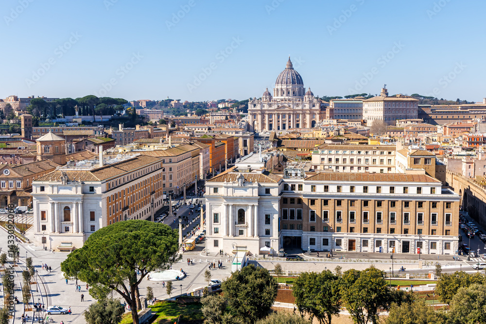 Rome skyline with St. Peter's Basilica in Vatican from above in Italy