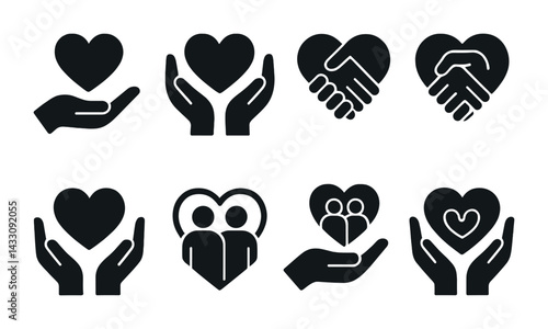 Charitable and community solid icons set – silhouette style for donation, volunteer, and support graphics: helping hand, heart, handshake, family, unity, care, compassion