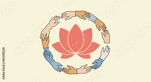 Circle of diverse hands around a lotus flower symbolizes unity collaboration and support for spiritual growth and community well being