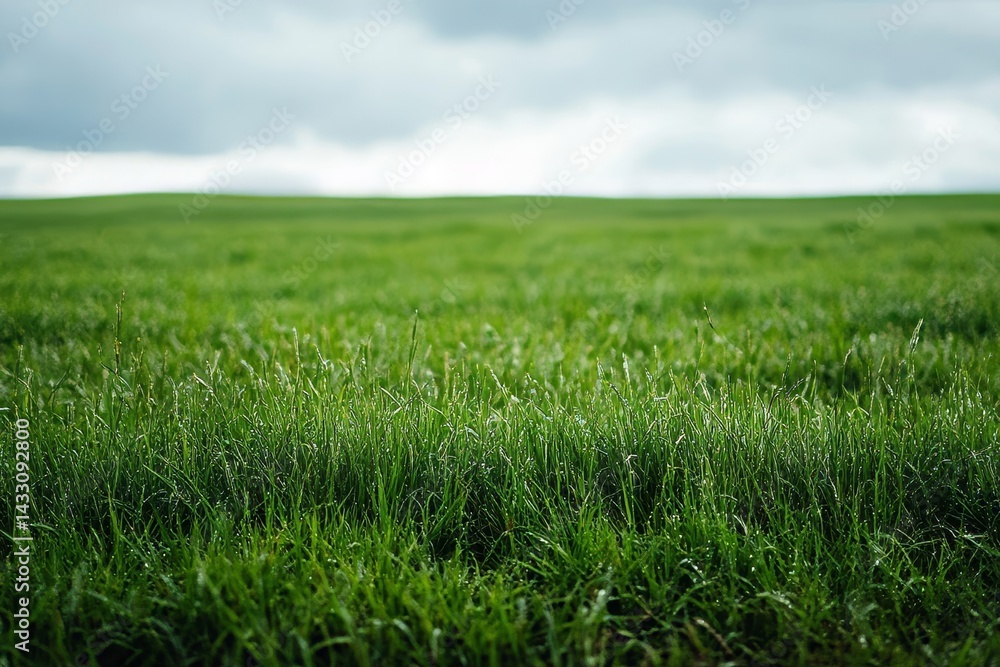 Obraz premium Vast expanse of vibrant green grass field under overcast sky.
