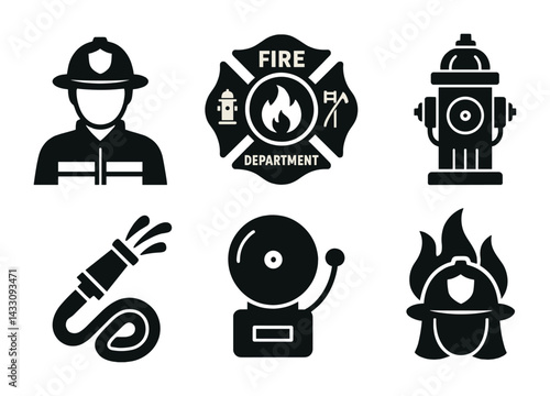 Firefighting safety solid icon set – flat style emergency, rescue, and protection symbols for safety planning: firefighter, fire station, hydrant, hose, alarm, helmet