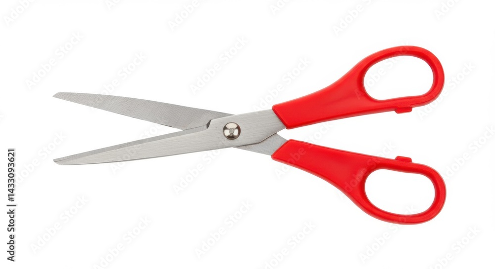 A pair of scissors with red handles and silver blades on a white background in a horizontal shot A pair of scissors with red handles and silver blades on a white background in a horizontal shot