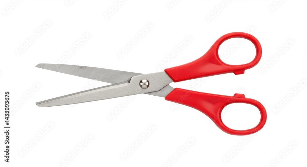 A pair of open scissors with red handles and silver blades on a plain white background studio shot A pair of open scissors with red handles and silver blades on a plain white background studio shot