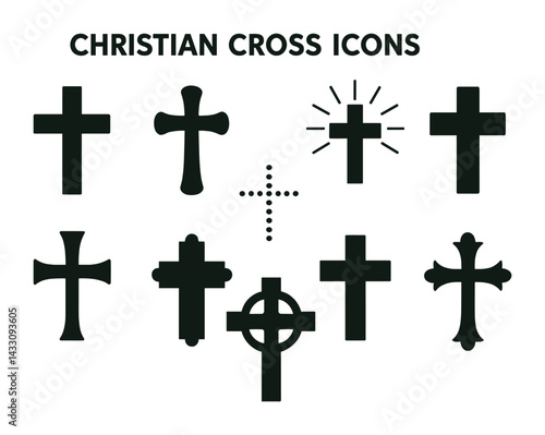 Christian cross icons set – silhouette religious symbols for faith, spirituality, and worship: celtic cross, orthodox cross, latin cross, greek cross, dotted cross