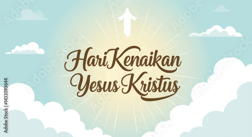 Hari Kenaikan Yesus Kristus illustration featuring Jesus Christ in the sky with clouds and sun rays in a celebratory design