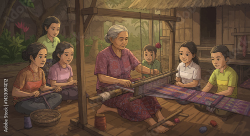 Grandmother teaches weaving to children in a rural village creating traditional fabrics