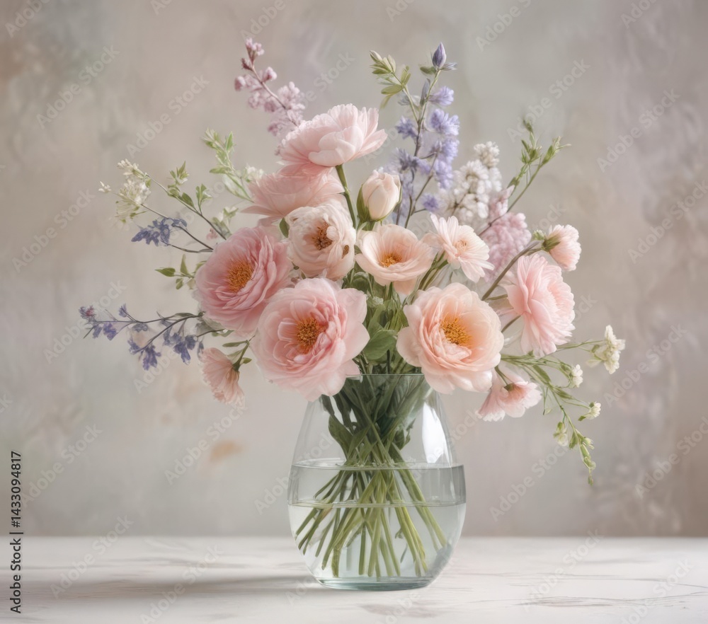 Obraz premium Delicate pastel watercolor blooms in a glass vase, soft hues and gentle brushstrokes , arrangement, leaves, blossom