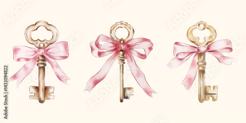 Vector set of pink vintage keys with pink ribbons in watercolour style. Decorative vintage elements for baby shower, wedding. birthday party. 