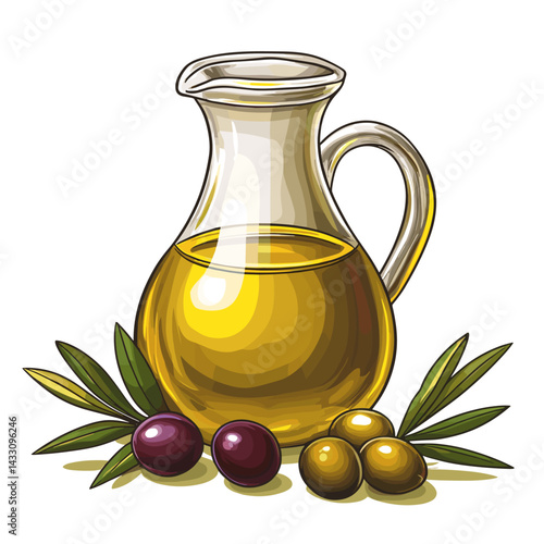 A bottle jug of extra virgin olive oil with olives and leaves isolated on a white background