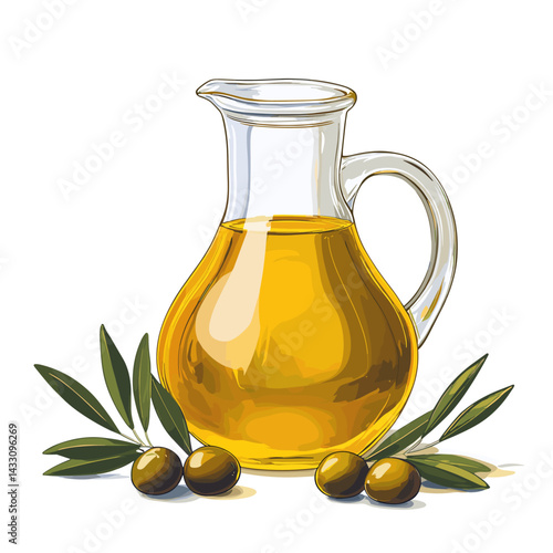 A bottle jug of extra virgin olive oil with olives and leaves isolated on a white background