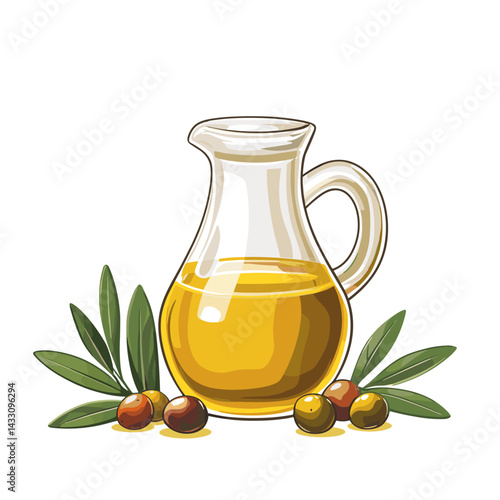 A bottle jug of extra virgin olive oil with olives and leaves isolated on a white background