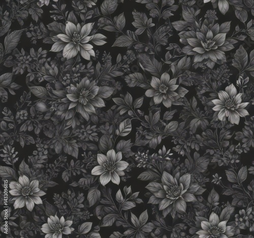 Wallpaper Mural Elegant charcoal small floral wallpaper  Intricate botanical leaves & blooms, seamless repeat , art, luxury Torontodigital.ca