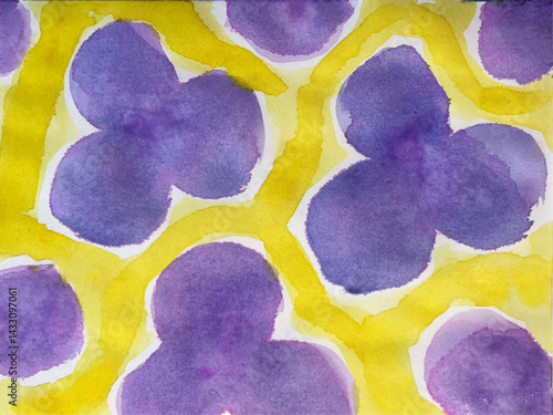 黄色い背景にすみれの花、黄色と紫色の水彩画、黄色と紫色の背景イラスト、すみれの花の背景イラスト