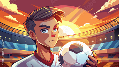 close up Intense gaze from young soccer player in white holding ball against sunset sky before game. 3D render of stadium. Concept of sport, challenge, discipline, focus, anticipation, ambitions.